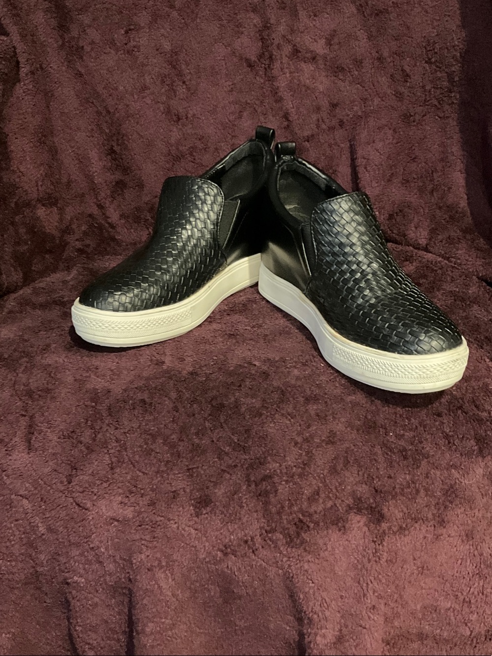Black Woven Slip-On Platform Sneakers with White Sole